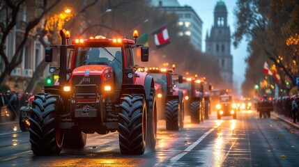 Many tractors blocked city streets, agricultural workers protesting against tax increases - obrazy, fototapety, plakaty