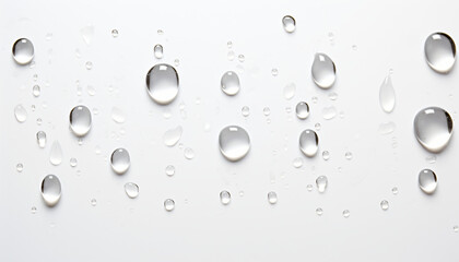 Realistic water drops on white background. Drops of water condensed, isolated. Realistic raindrops on a white background. Liquid, H2O, hydrogen.  Drops of water in motion.