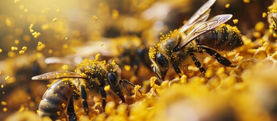 A group of membrane-winged insects known as honeybees, acting as pollinators, are collecting yellow pollen from a plant, aiding in its reproduction process.