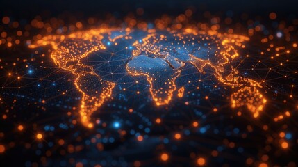 An abstract representation of globalization and interconnectedness, with a world map overlaid with network lines connecting different continents and cities - obrazy, fototapety, plakaty