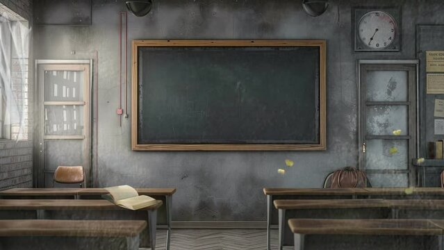 empty school or university classroom with neat desks and chairs. Cartoon or anime watercolor painting illustration style. seamless looping 4K virtual video animation background.