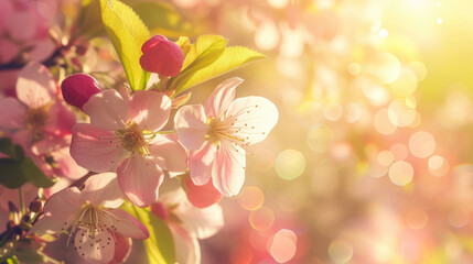 Fototapeta na wymiar spring blooming branch with pink cherry flowers, sakura, blurred background with bokeh, sunlight sunset light