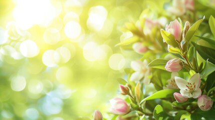 close-up,spring blossoming apple tree branch,pink flowers on green blurred background with bokeh,sunlight,empty space for text