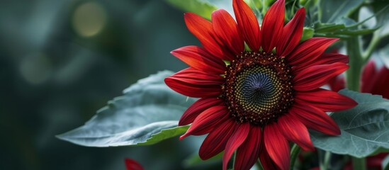A stunning close-up image capturing the vibrant beauty of a red sunflower with its leaves as the backdrop, showcasing the art of nature.