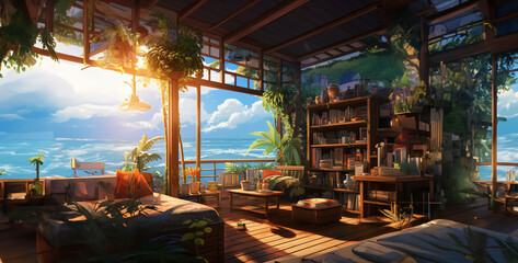 interior of a hotel room, anime style tropical room