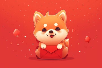 Cheerful chibi-style dog with a joyful expression against a vibrant red lucky envelope in a playful flat logo illustration