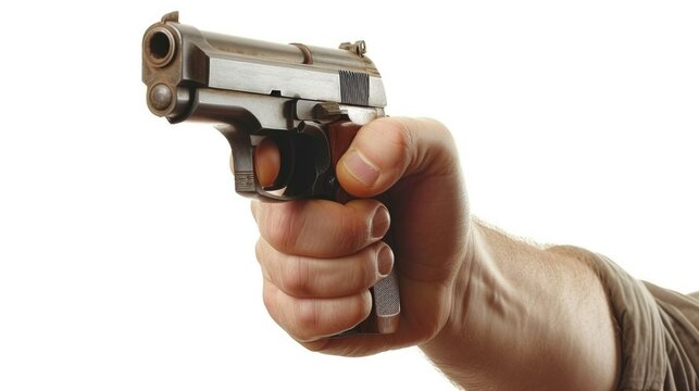 Hand Holding a Gun with Focus on the Barrel Isolated on White