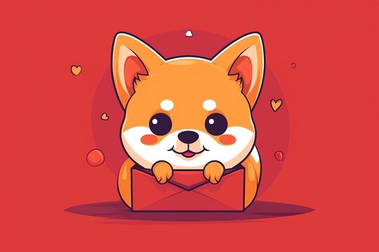 Cheerful chibi-style dog with a joyful expression against a vibrant red lucky envelope in a playful flat logo illustration