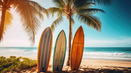 Surfboards on the beach. Blurred sea background with palm trees