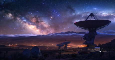 Radio Telescopes Under the Starry Night Sky with Milky Way