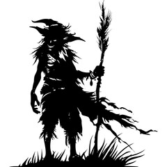 Silhouette goblin mythical race from game mage wit staff black color only - obrazy, fototapety, plakaty