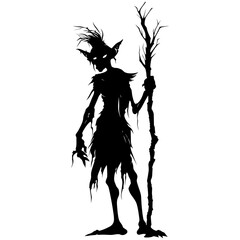 Silhouette goblin mythical race from game mage wit staff black color only - obrazy, fototapety, plakaty