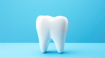 White healthy tooth isolated on blue background with copy space.