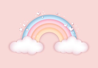 3d baby shower, rainbow with clouds for kids design in pastel colors. Cute illustration in realistic style.