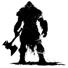 Silhouette orc mythical race from game with big hammer black color only