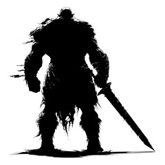 Silhouette orc mythical race from game with big sword black color only