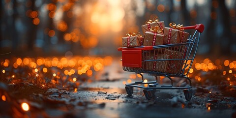 Gift-Giving Season: A Red Shopping Cart Filled with Presents Generative AI