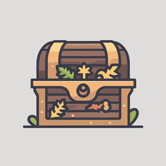 Wooden chest with vibrant autumn leaves.