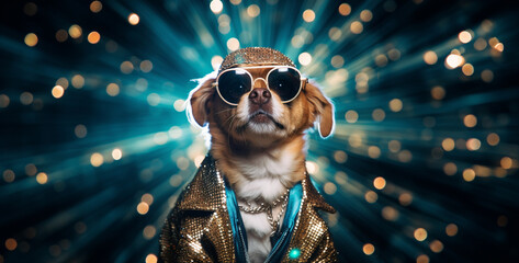 dj at the party, dj dog in the nightclub, pop-star dog background blurry shiny outfit disco
