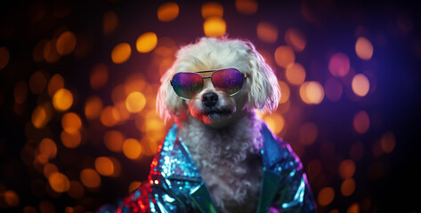 disco ball in the nightclub, dj dog in the nightclub, pop-star dog background blurry shiny outfit...