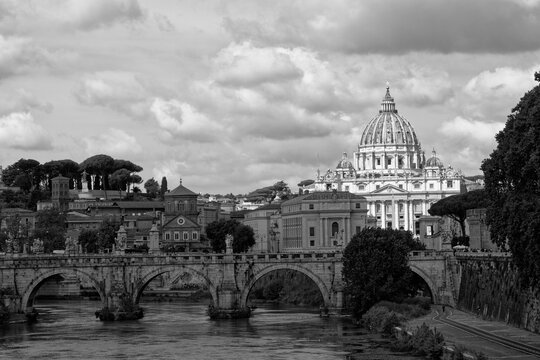 Rome Italy 20 03 2020: view of the city Europe. Panorama Travel Concept Castel Sant'Angelo Trevi Fountain Colosseum Spanish Steps Saint Peter's Basilica Castel Sant'Angelo Victor Emmanuel II Monument