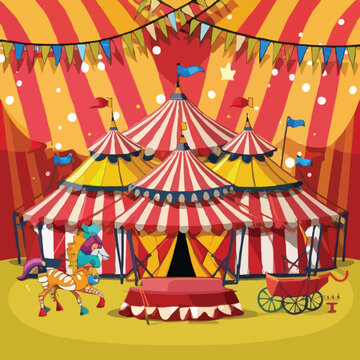 Amusement carnival park with circus tent, ferris wheel, roller coaster, merry-go-round carousel vector illustration