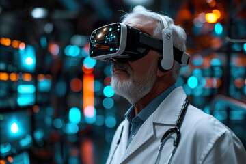 An old male doctor wearing virtual reality glasses on technology background. 