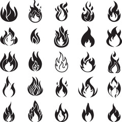 Fire flames, set vector icons on white background