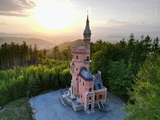 View of Goethe's Lookout Tower at sunset.  Karlovy Vary, Czechia.