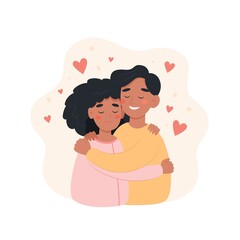 Happy international couple. Man and woman of different races hugging each other. Cute illustration in flat cartoon style
