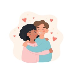 Happy international couple. Man and woman of different races hugging each other. Cute illustration in flat cartoon style