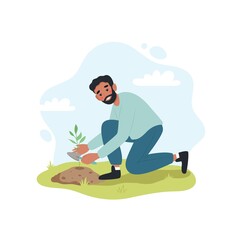 Black man planting garden flowers in soil. Male working in garden. Cute illustartion in flat cartoon style