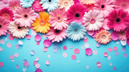 Vibrant flat lay with gerbera daisy flowers on background with confetti