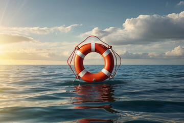 Naklejka premium Hopeful seascape. Lifebuoy floating on the sea with sun rays, offering a message of safety and optimism. 