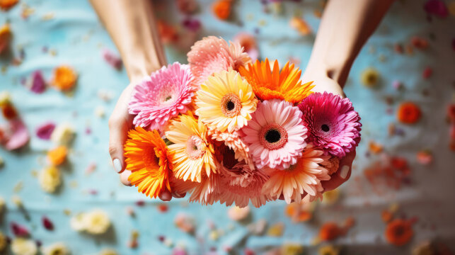 Vibrant flat lay with hand holding bunch of gerbera daisy flowers