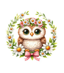 Cute Owl in a floral wreath with daisies. Watercolor illustration