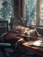 A cat sleep with acoustic guitar.