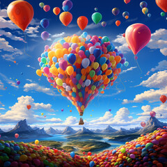 A beautiful illustration of several colorful balloons flying through the sky. Image made by artificial intelligence.