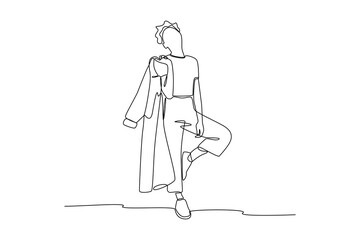 Single continuous line drawing of women hang his clothes on shoulders for take a photo. Fashion style icon. Fashion boutique. Swirl curl style. Dynamic one line draw graphic design vector illustration