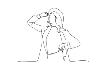 Single continuous line drawing of woman use hat for fashion style. Fashion style icon. Fashion boutique. Swirl curl style. Dynamic one line draw graphic design vector illustration