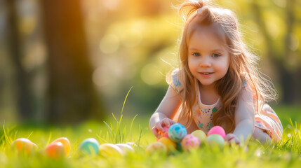 Little girl enjoying an Easter egg hunt in spring sunshine, joyful holiday activity.