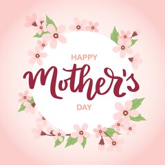 Mother s day banner with cherry blossom, greeting card template, illustration with hand drawn lettering