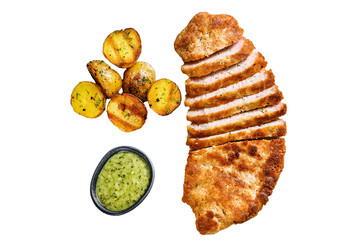 Homemade breaded german weiner schnitzel with potatoes and salad.   Isolated, Transparent background.