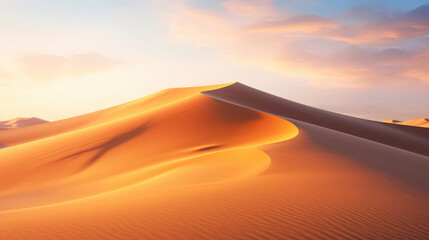 Panorama banner of sand dunes desert at sunset. Endless dunes of yellow sand