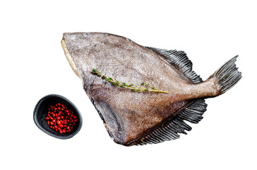 Raw fresh whole John Dory fish with spices and herbs for cooking. Isolated, Transparent background.