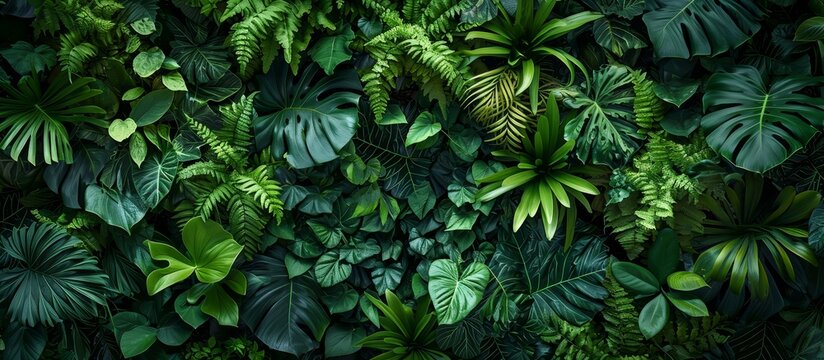 Dark green plants growing in a lush foliage background of tropical leaves like anthurium, epiphytes, or ferns, forming a beautiful green plant wall design in a cloud forest.