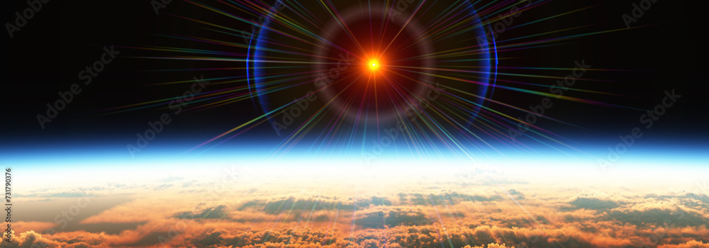 Canvas Prints earth sunrise from space over cloudy ocean. 3d rendering