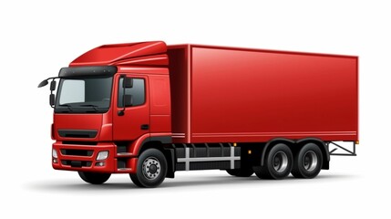 Crimson Conveyance: A Striking Red Cargo Truck Stands Solo on a Pure White Background, Epitomizing Efficient Delivery, Logistics Prowess, and Modern Urban Transportation