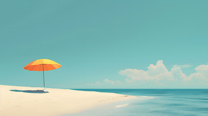 Beautiful sunny tropical sandy beach with blue sky and turquoise water. Only one chair and yellow sun umbrella as peaceful moment and relaxation meaning. Summer holiday   