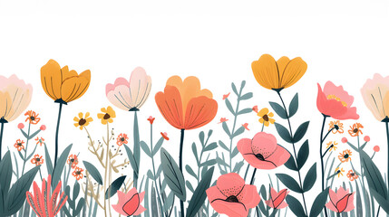 Colorful spring pattern background with colorful summer flowers on the white background. Spring conceptual artwork